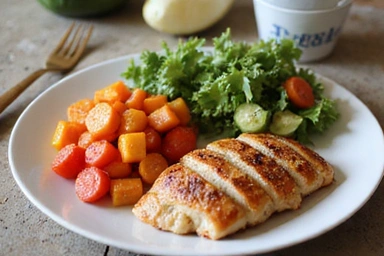 Image d'un repas équilibré avec légumes colorés et protéines maigres.