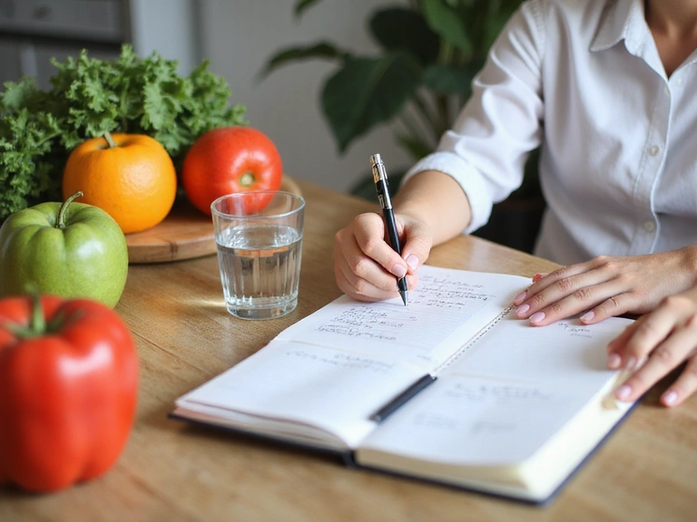 Une personne préparant des notes pour une consultation diététique avec des fruits et légumes sur la table.