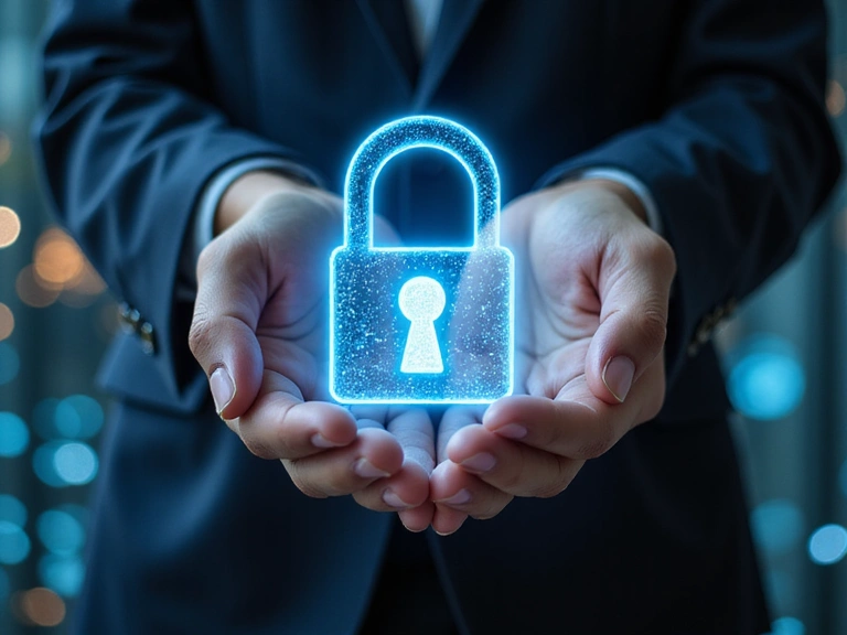 Deux mains serrant un cadenas numérique, symbolisant la sécurité des données et la confidentialité