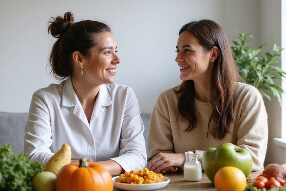 Deux personnes discutant et souriantes autour d'une table avec des fruits et légumes
